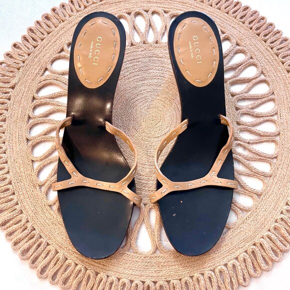 Gucci x Tom Ford Collection Tan Black Leather Bamboo Open Toe Slide Heels Size 9 - Picture 3 of 9